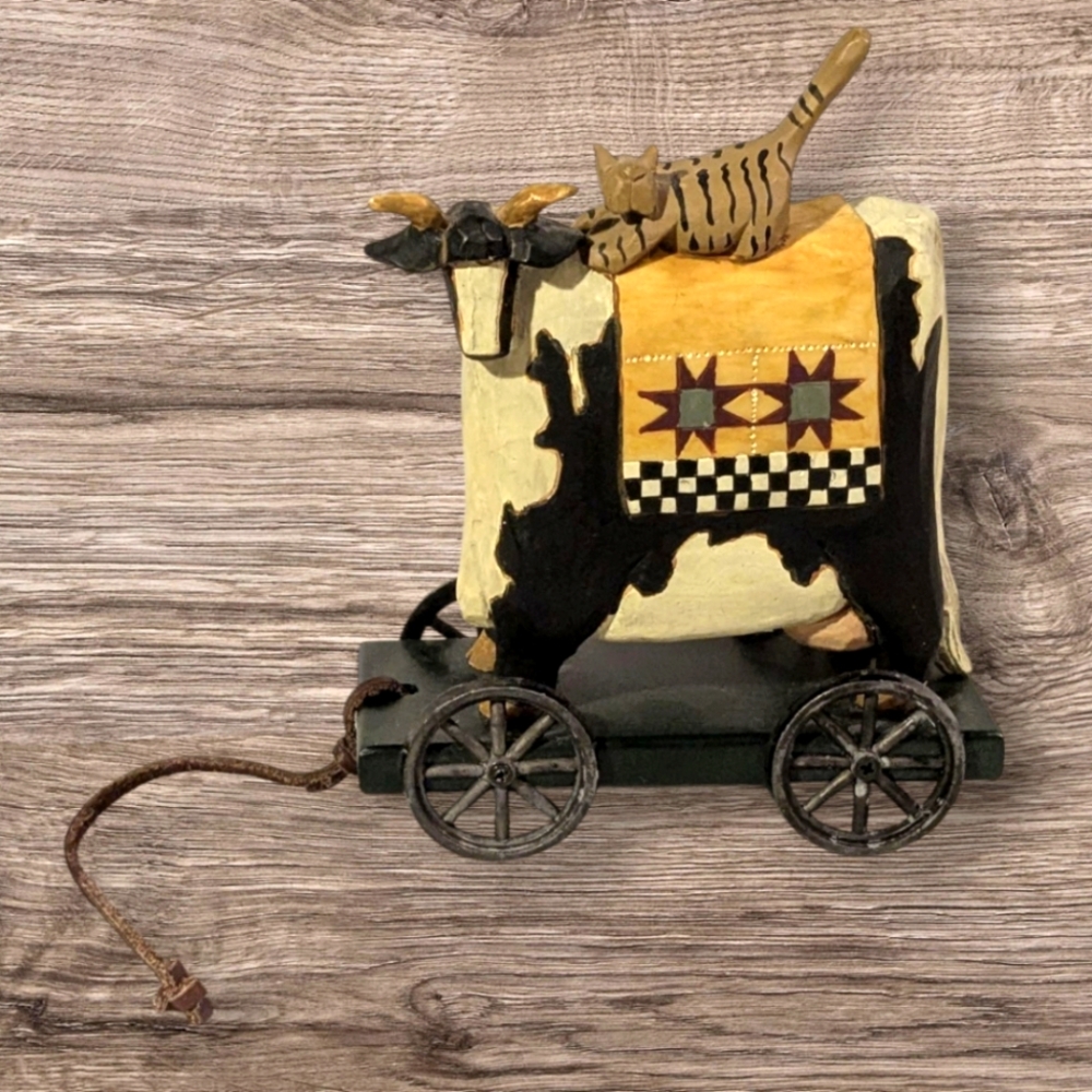 WilliRaye Studio Cow & Cat Figurine Wheels Pull Toy Rustic Farm Country Decor